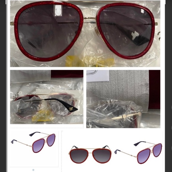 GUCCI RED GLITTER URBAN AVIATOR SUNGLASSES - Picture 3 of 16